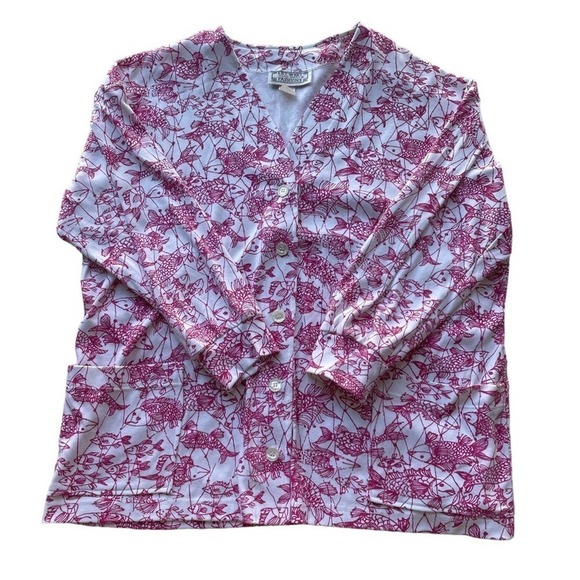 Key West Hand Print Fashions Cardigan Jacket White Pink XLarge Koi Fish Rare - Picture 8 of 10